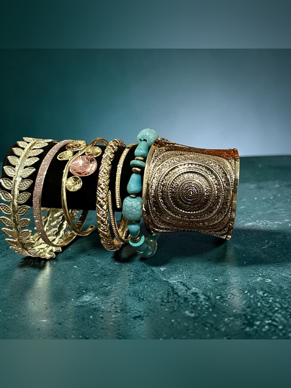 Boho Turquoise Bead & Gold Textured Statement Bracelet Stack Set